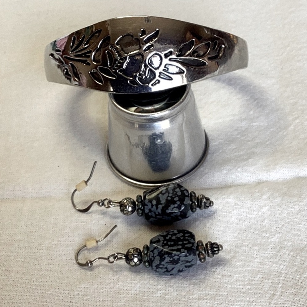 FINAL SALE PRICE Beautiful Hinged Cuff Bracelet & Dalmatian Jasper Earring Set